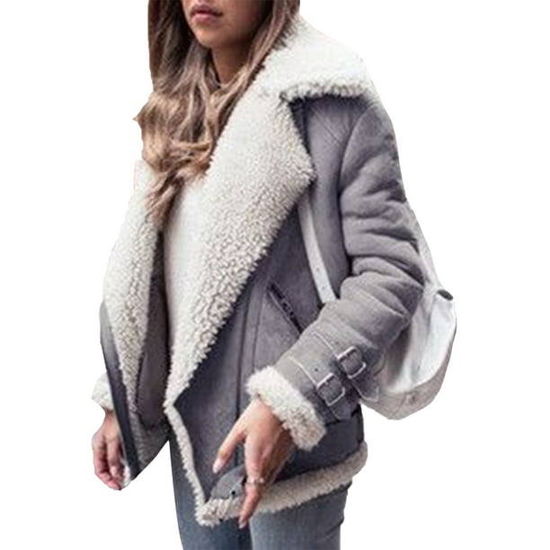 Fashion Women Lapel Warm Lamb Fur Lined Zip Up Winter Casual Coat Jacket Outwear 